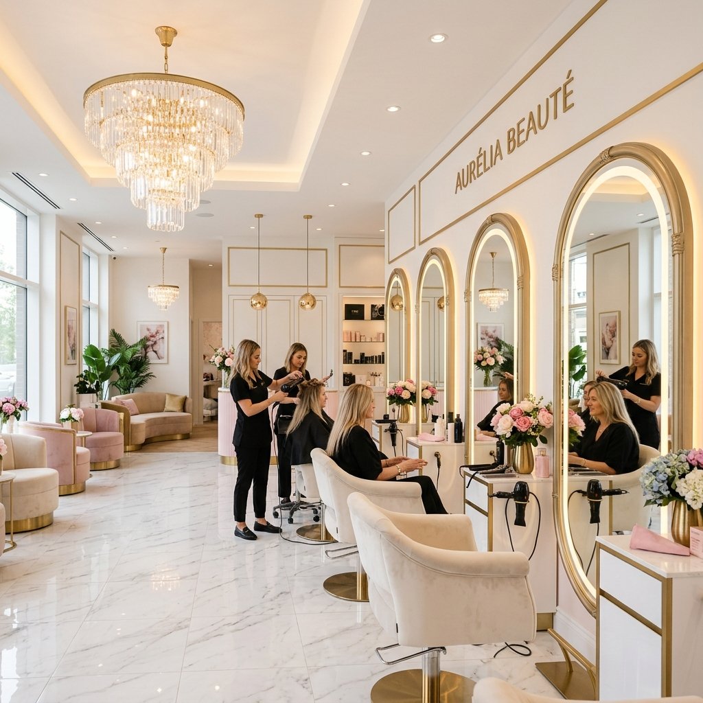 Luxurious modern beauty salon interior with elegant pink and gold decor
